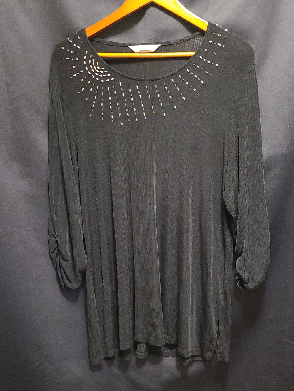 Tanjay Womens Top Black Tunic Beaded Bling 3/4 Sleeves Petite XL Acetate